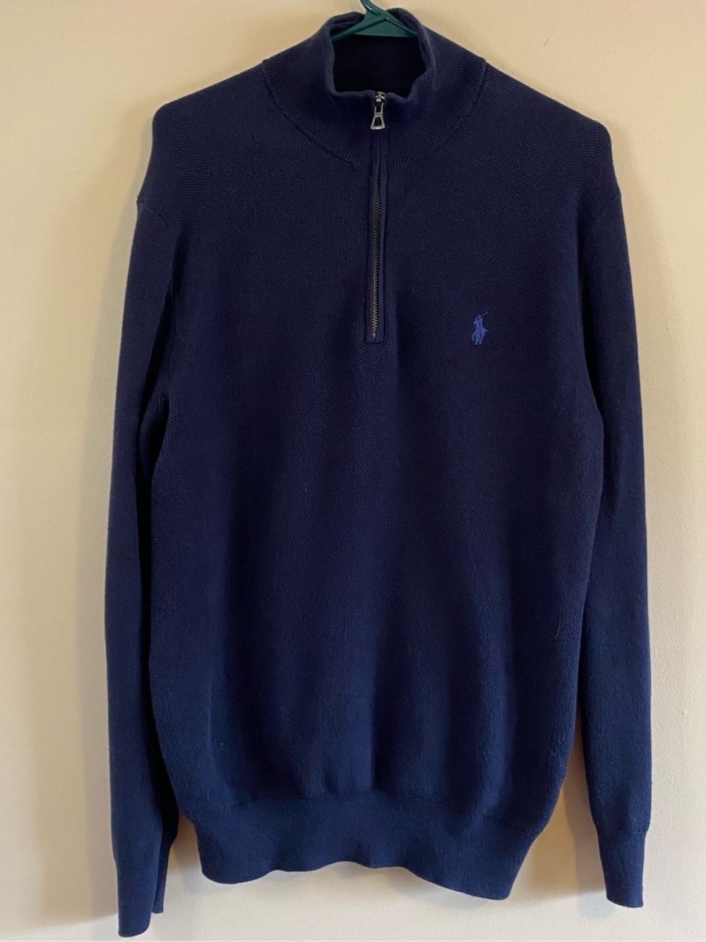 Vintage Polo Ralph Lauren Navy 1/4 Zip Waffle Knit Pima Cotton Sweater Medium